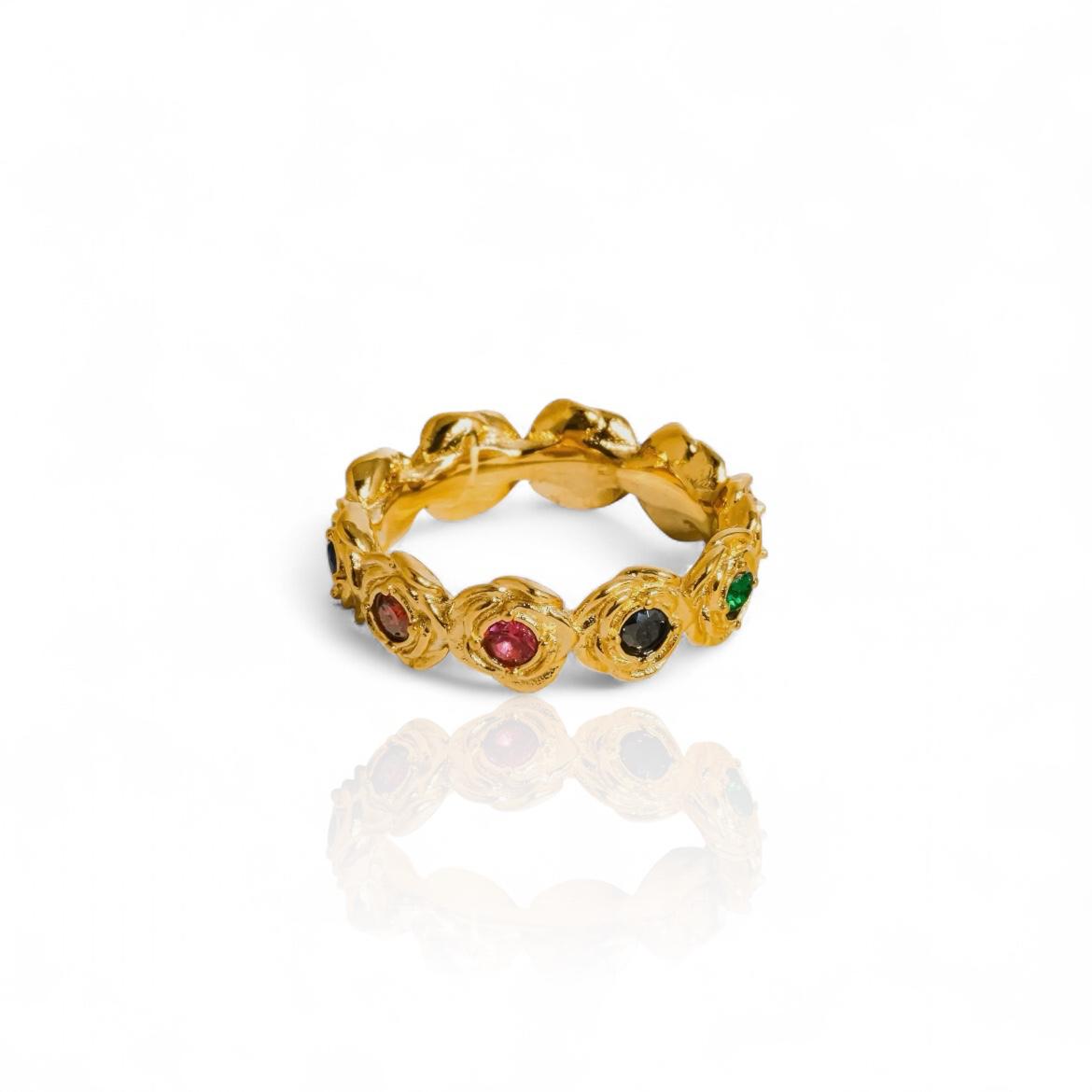 Bague vintage en or 18K avec pierres multicolores serties sur monture rosace sculptée