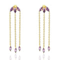 Boucles d’oreilles longues dorées à triple chaîne avec pierres violettes en forme marquise – modèle Elaria Sorora Jewelry