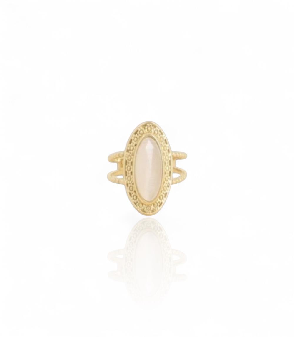 Bague en acier inoxydable avec pierre œil de chat, cadre texturé et anneau effet milgrain, style vintage et sophistiqué