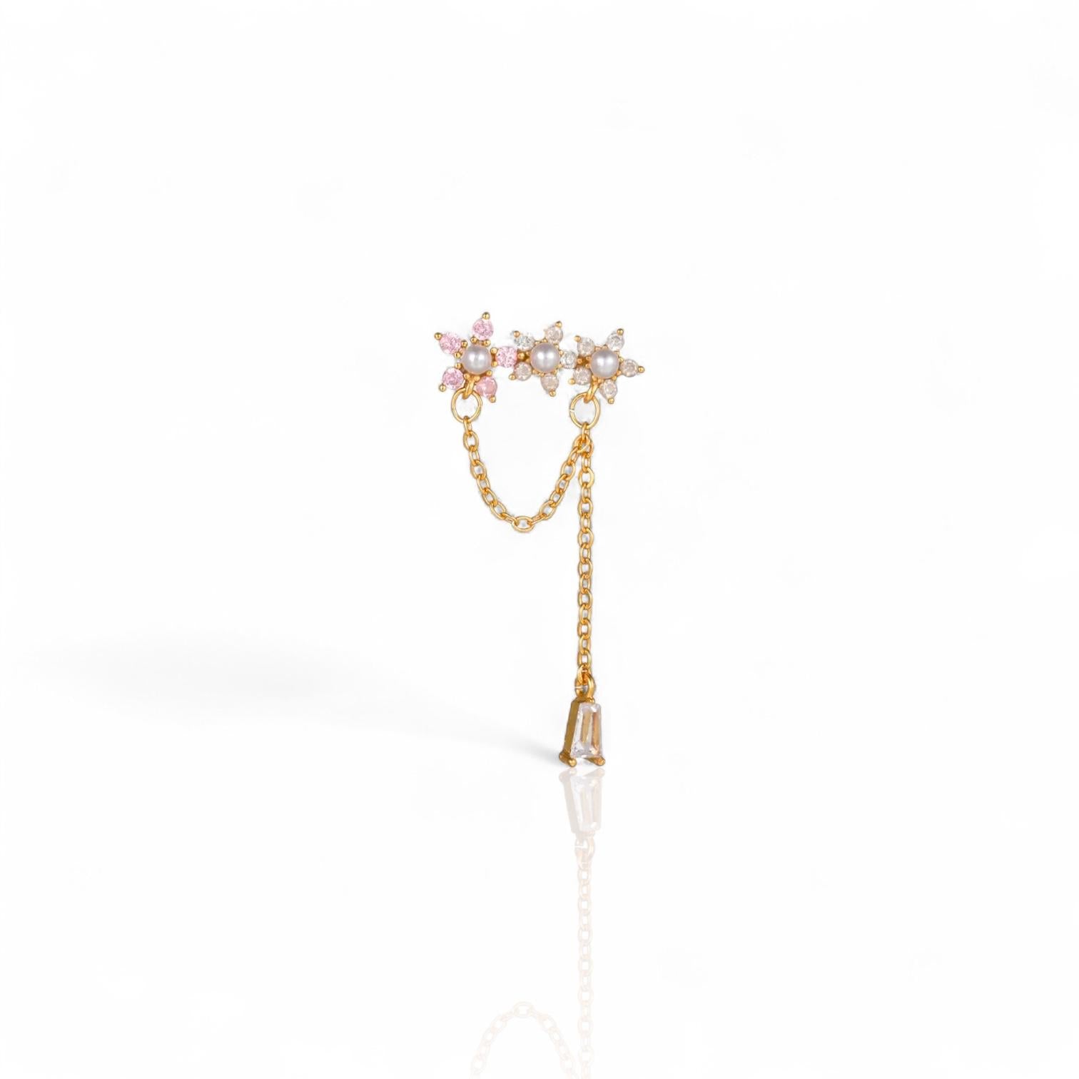Boucle d’oreille dorée Raiponce avec fleurs roses et blanches, perles, et chaînes pendantes – Sorora Jewelry